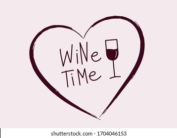 Tiempo de vino. Palabra escrita a mano sobre fondo rosa con corazón y vidrio. Elemento de texto vectorial con inscripción en burdeos. Logo de estilo moderno