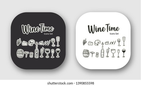 Wine time icons set. Glass, bottle, cheese, snacks, grape, barrel. Vector illustration.