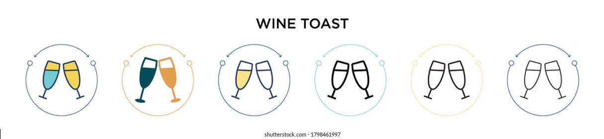 Weintoastsymbol in gefüllter, dünner Linie, Umriss- und Strichform. Vektorgrafik von zwei farbigen und schwarzen Toast-Vektorgrafiken-Designs kann für mobile, iPhone-, web-basierte