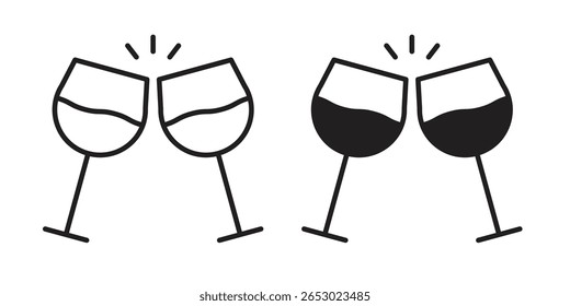 Símbolo de ícone de torrada de vinho definido em ícones de linha e plano pretos