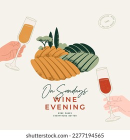 Wine toasting hands. Vineyard landscape. Vector textured illustration.
