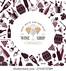 Wine tools. background with bottles grapes and different cups. vector stylized circle template