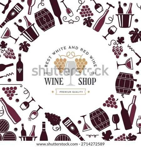 Wine tools. background with bottles grapes and different cups. vector stylized circle template