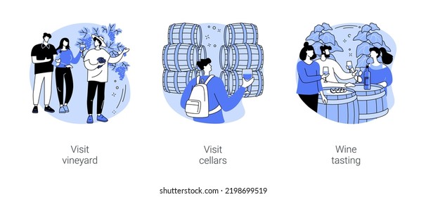 Wine tour isolated cartoon vector illustrations set. Group of diverse people visit vineyard, speak to winemaker, tour to cellars, tasting experience, gastronomy trip vector cartoon.