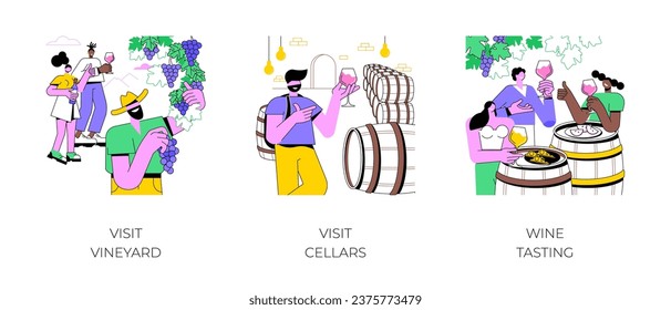 Wine tour isolated cartoon vector illustrations set. Group of diverse people visit vineyard, speak to winemaker, tour to cellars, tasting experience, gastronomy trip vector cartoon.