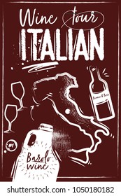 Wine tour Italy. Map of Italy on the red background