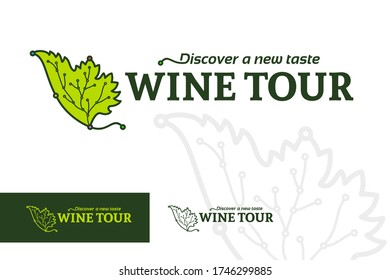 Wine tour logotype, rural tourism emblem, ethno-tourism logo, map point travel destinations on grape leaf line silhouette, vector illustration