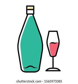 Wine turquoise color icon. Alcohol bar. Bottle and wineglass. Alcoholic beverage. Restaurant service. Glassware for dessert standard sweet wine. Isolated vector illustration
