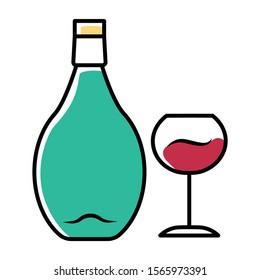 Wine turquoise color icon. Alcohol bar. Bottle and wineglass. Alcoholic beverage. Restaurant service. Glassware for red wine. Isolated vector illustration