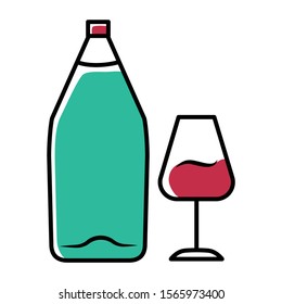 Wine turquoise color icon. Alcohol bar. Bottle and wineglass. Alcoholic beverage. Restaurant service. Glassware for dessert port wine. Isolated vector illustration