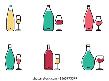 Wine turquoise, yellow and red color icons set. Bottle and wineglass. Alcoholic beverage. Restaurant service. Glassware for red, white, dessert wine and champagne. Isolated vector illustrations