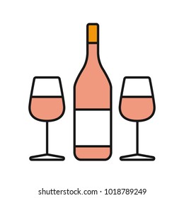 Wine and two glasses color icon. Champagne. Isolated vector illustration