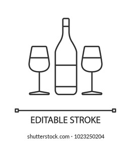 Wine and two glasses linear icon. Thin line illustration. Champagne. Contour symbol. Vector isolated drawing. Editable stroke