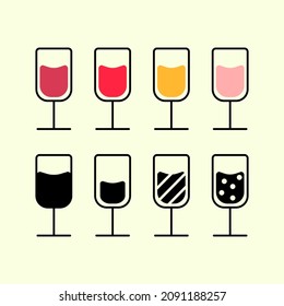 Wine types icon set. Red, white and rose wine glasses. Color and black line vector illustration
