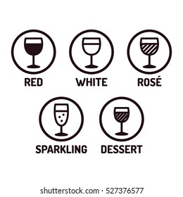 Wine types icon set. Red, white and rose wine glasses, dessert and sparkling. Line icons in circles.