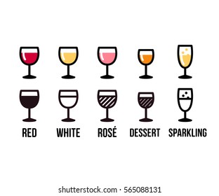 Wine types icon set. Red, white and rose wine glasses, dessert and sparkling. Color and black line vector illustration.