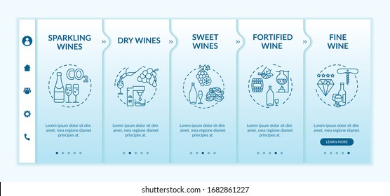 Wine types onboarding vector template. Sparkling alcohol drink. Dry and sweet wines. Winemaking manufacture. Responsive mobile website with icons. Webpage walkthrough step screens. RGB color concept
