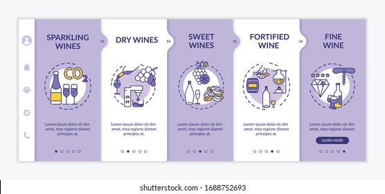 Wine types onboarding vector template. Sparkling alcohol drink. Fortified and fine wines. Winemaking factory. Responsive mobile website with icons. Webpage walkthrough step screens. RGB color concept