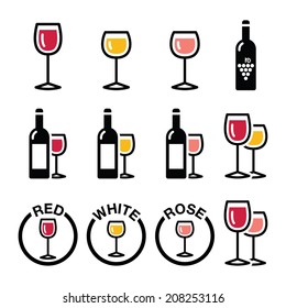 Wine types - red, white, rose icons set 