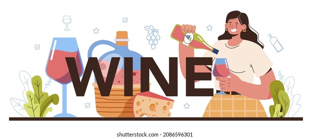 Wine typographic header. Grape wine aging in a wood barrel. Wine factory production. Manual grape harvesting, fermantation and tasting. Flat vector illustration