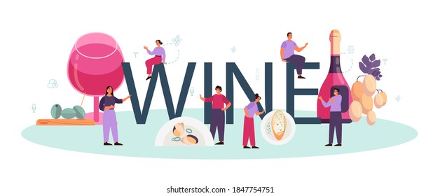 Wine typographic header. Grape wine in a bottle and glass full of alcohol drink. Red wine with appetizer. Isolated vector illustration