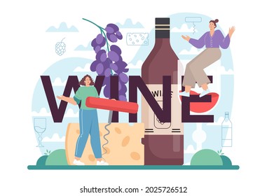 Wine typographic header. Grape wine in a bottle and glass full of alcohol drink. Red wine with appetizer. Isolated vector illustration