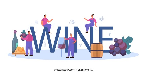 Cabecera tipográfica de vino. Vino de uva en barril de madera, botella de vino tinto y vaso lleno de alcohol. Desarrollo, exposición y muestreo de los receptores, selección de uvas. Ilustración vectorial aislada