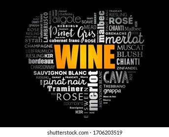 WINE VARIETALS Types love heart word cloud collage, concept background