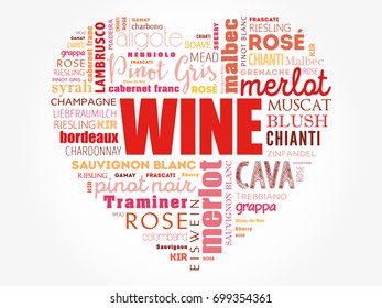 WINE VARIETALS Types love heart word cloud collage, concept background