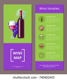 Wine varieties map with purple grapes, alcohol bottles and filled shiny glasses. Vector illustration with wine sorts guidance for restaurant