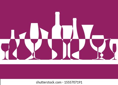 Wine vector background. Banner from silhouettes of wine bottles, glasses and decanters. EPS 10 file format.