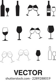 Juego de iconos de vectores de vino, ilustración de icono de vino y vidrio sobre fondo blanco..eps