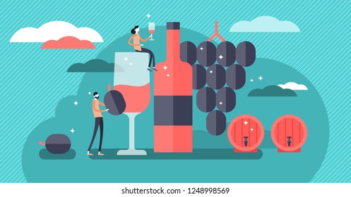 Wine vector illustration. Mini persons drinking alcoholic beverage concept. Collection with bottle, glass, grapes and barrels. Elegant champagne tasting process tradition to celebrate holiday party.