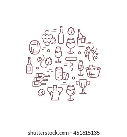 Wine vector logo with outline icons. Outline logo with wine, illustration bottle of wine and accessories