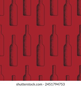 Wine vector seamless pattern. Textured black bottles on red background.