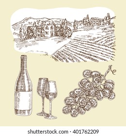 Wine vector set. Hand drawn bottle of wine and vineyard