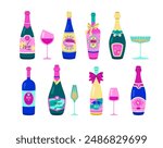 Wine vector set with various bottles and glasses, show red and white wines, complemented by elegant labels and decorative bows. Perfect for restaurant menus.