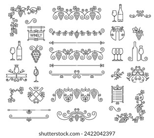 Wine vine outline decor and ornaments with grape branch and bottle, vector floral lines. Winery or vineyard vintage retro outlined decor for product label or wine bottle frames with grape vine lines