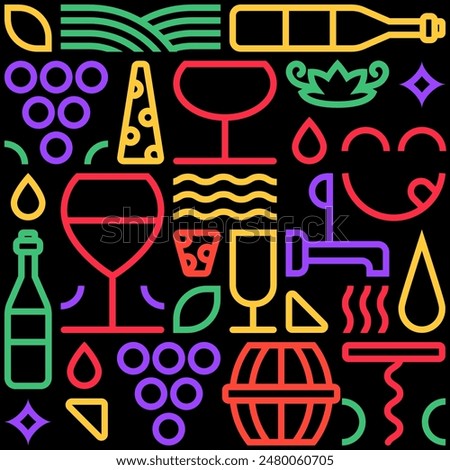 Wine and vinery elements, color blocks vector illustration. Drinking glasses, grapes, bottles colorful line icons for alcohol drinks list and bar menu design. Wine tasting, shop banner poster elements