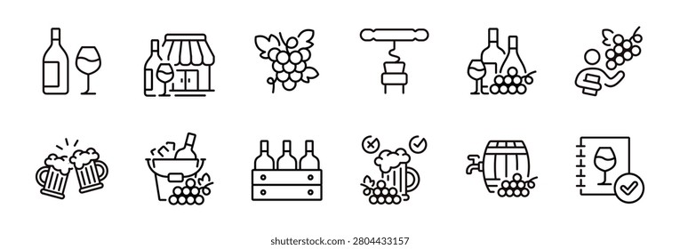 Wine and vineyard icon line set. Winery, wine production, barrel, grape harvest farming, brewery, beverage quality signs vector illustration