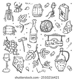 Vinho itens de vinha desenhados à mão. Coleção de vinhos no estilo de esboço. Ilustração vetorial