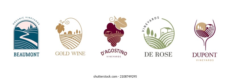 Wine, vineyard, organic natural winery logo collection. Vineyard field and grapes symbols and icons 