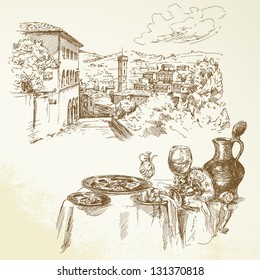 Wine, vineyard, Tuscany - hand drawn collection