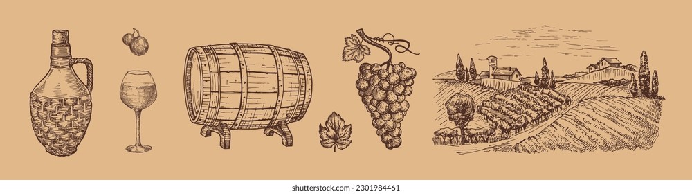 Wine Vineyard Vector Illustrations Set. Hand Drawn Wine Glass, Cask Barrel, Grapes Branch, Wicker Bottle and Rural Farm Winery Landscape Engraving Style Drawings. Isolated