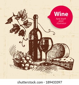 Wine vintage background with banner. Hand drawn sketch illustration