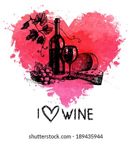 Wine vintage background and banner  Hand drawn sketch illustration and splash watercolor heart