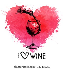 Wine vintage background with banner. Hand drawn sketch illustration with splash watercolor heart