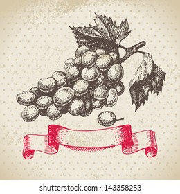 Wine vintage background with grapes. Hand drawn illustration