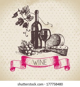 Wine vintage background. Hand drawn sketch illustration