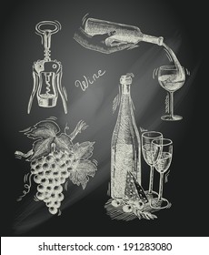Wine vintage chalkboard decorative icons set of corkscrew bottle grape branch isolated vector illustration